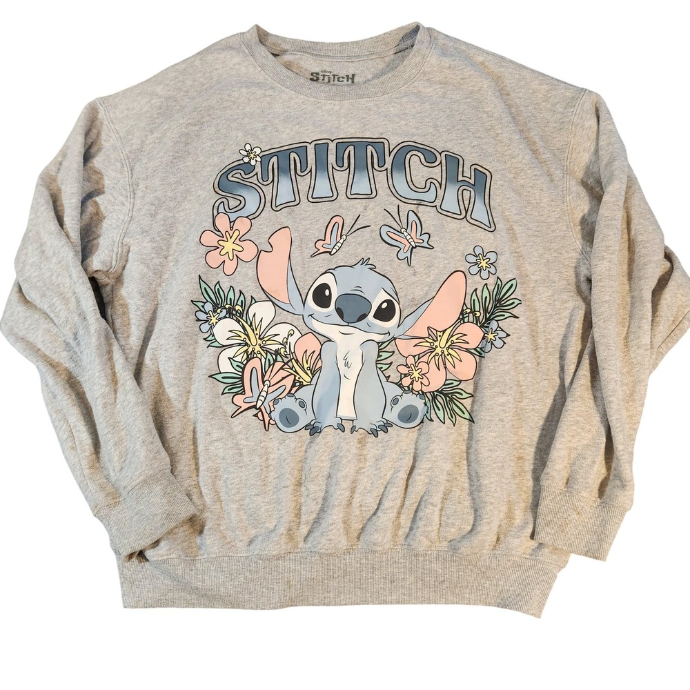 Disney Stitch Sweatshirt Womens Large Gray Floral Graphic Pullover Crewneck Cute